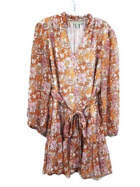 Boho Summer Dress Floral Mini Dress V-Neck Tiered Ruffled Ryegrass Dress L